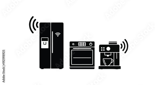Smart kitchen appliances refrigerator oven coffee maker with WiFi connectivity icons