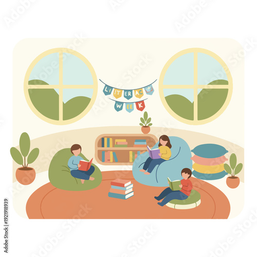 Children read books in a brightly lit, cozy room decorated for Literacy Week, complete with beanbags, a bookshelf, and potted plants.