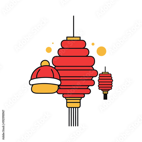 Vibrant red lanterns with Santa hat hang outdoors