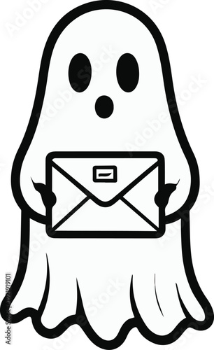 Minimalist ghost line art holding envelope letter, bold black meta outline, thick stroke, pure white background, clean vector