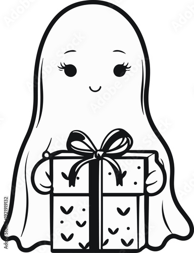 Minimalist ghost line art holding gift box, bold black meta outline, thick stroke, pure white background, clean vector