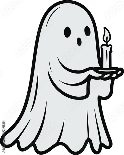Minimalist ghost line art holding single candle, bold black meta outline, thick stroke, pure white background, clean vector 3