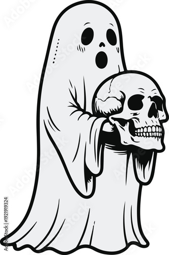 Minimalist ghost line art holding skull object, bold black meta outline, thick stroke, pure white background, clean vector