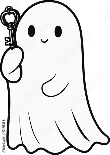 Minimalist ghost line art holding small key, bold black meta outline, thick stroke, pure white background, clean vector 2