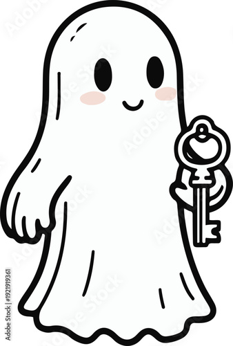 Minimalist ghost line art holding small key, bold black meta outline, thick stroke, pure white background, clean vector 3