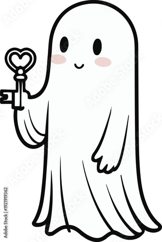  Minimalist ghost line art holding small key, bold black meta outline, thick stroke, pure white background, clean vector