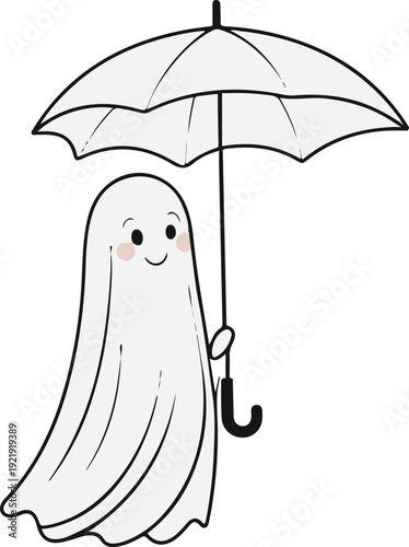Minimalist ghost line art holding umbrella, bold black meta outline, thick stroke, pure white background, clean vector 1