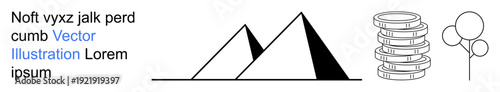 Finance, minimalism, architecture, savings, investment, abstract geometry. Stylized pyramids, stack of coins and tree outline. Finance and savings concepts in a creative geometric style