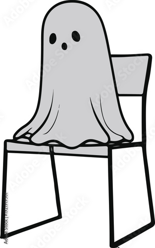  Minimalist ghost line art sitting on simple chair, bold black meta outline, thick stroke, pure white background, clean vector