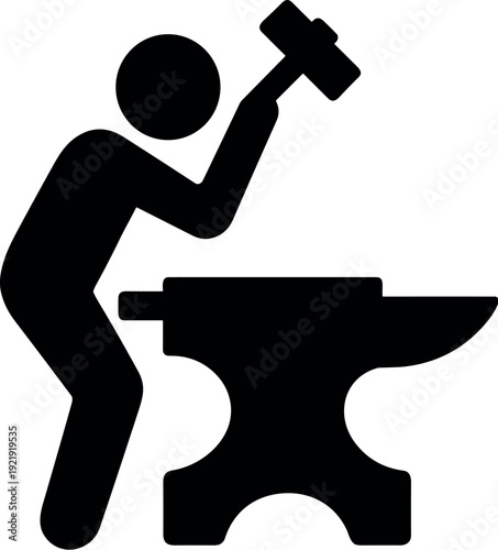 Black Blacksmith hitting an Anvil with Hammer Silhouette Vector for Design