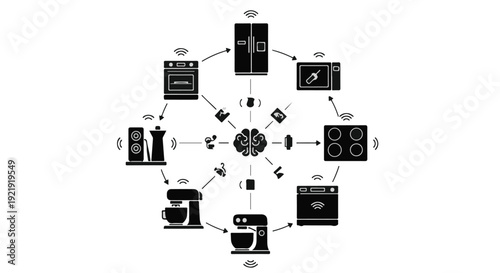 Modern technology and electronics connection flowchart with devices and network illustration for business and communication concept