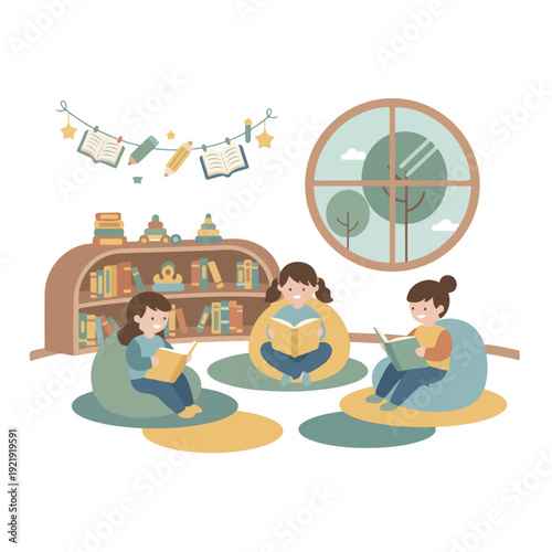 Three happy girls read books on beanbags in a cozy room, decorated with study-themed garland, a bookshelf, and a round window showing trees.