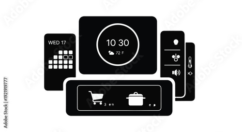 Smart home devices, smartwatch, smartphone, and smart home hub with shopping and cooking icons on screens, modern technology and home automation concept