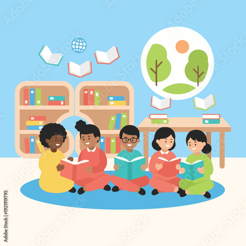 Diverse children read happily on a rug in a library setting, surrounded by bookshelves, floating books, and an imaginative nature scene.