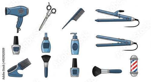 Collection of professional hairdressing and beauty salon tools.