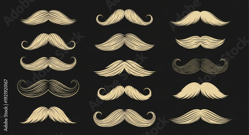 Collection of Golden Moustaches on Black Background.