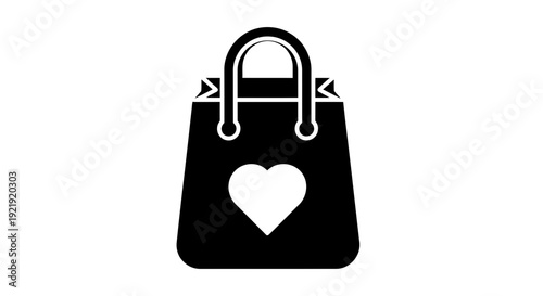 Simple black shopping bag with heart icon on front viewed directly from the front