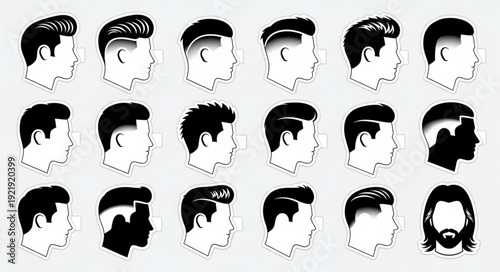 Collection of diverse mens hairstyles in profile view.