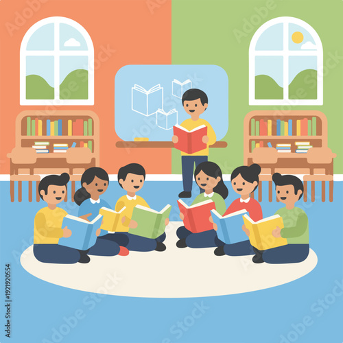 A diverse group of students and a teacher are happily engaged in reading books together in a vibrant, organized classroom or library setting.