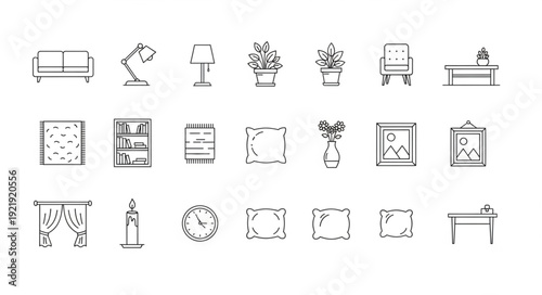Collection of hand drawn interior design elements and furniture sketches.
