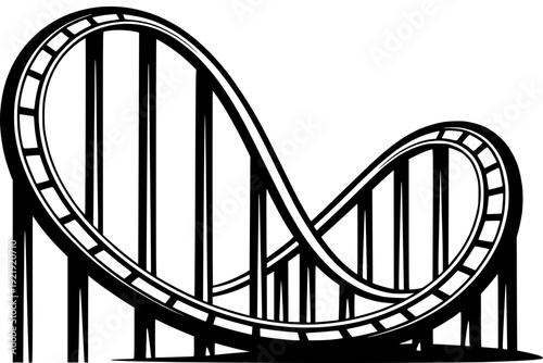 Roller coaster track loop with supports in a black and white illustration