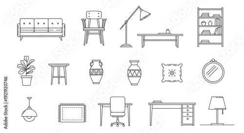Collection of hand-drawn furniture and home decor items.