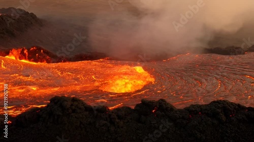 Molten landscape shows erupting volcano with flowing lava and smoky atmosphere