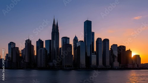 Dramatic cityscape silhouette at sunset with river in foreground and blue sky
