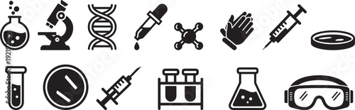 Laboratory Tools Icon Set, Microscope, Flask, DNA, Dropper, Syringe, Goggles, Test Tubes For Research Design