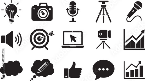 Media and Communication Icon Set, Camera, Microphone, Laptop, Chart, Speech Bubble, Thought, Target, Ideas, Recording, Light Bulb