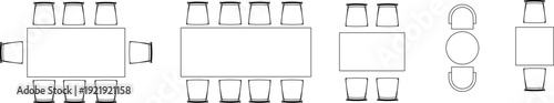 Collection of dining table floor plan icons, featuring rectangular, circular, and square sets for restaurant and home use