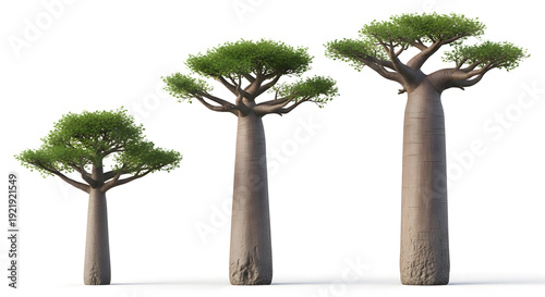Three baobab trees of increasing size, featuring thick grey trunks and sparse green foliage,... desi isolated on a transparent background