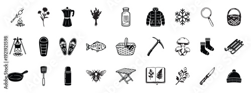 Hand-Drawn Style Wilderness Icons, Winter Clothing, and Cooking Tools