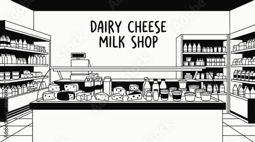 dairy food shop interior store counter shelf cheese milk display customer retail market product commerce business design vector illustration
