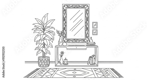 Black and white sketch of a decorative mirror on a console table with a plant.