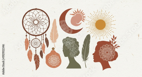 Bohemian celestial and nature inspired graphic elements.