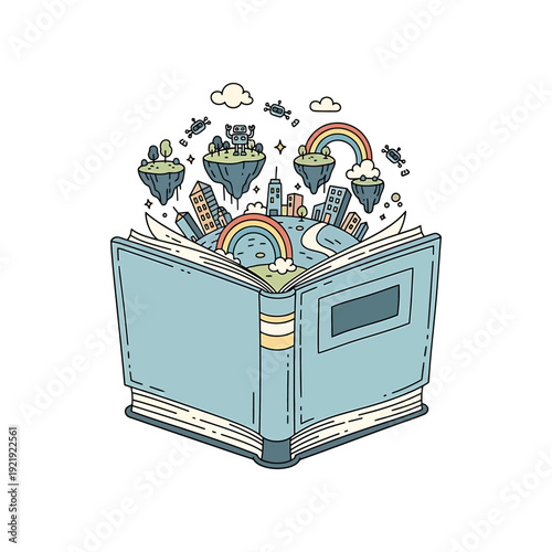 An open book with fantastical elements emerging from its pages, showcasing a vibrant cityscape, rainbows, and floating islands in a whimsical illustration.