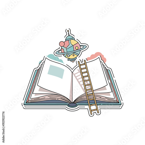 An open book with a ladder and a planet hovering above it on a white background.