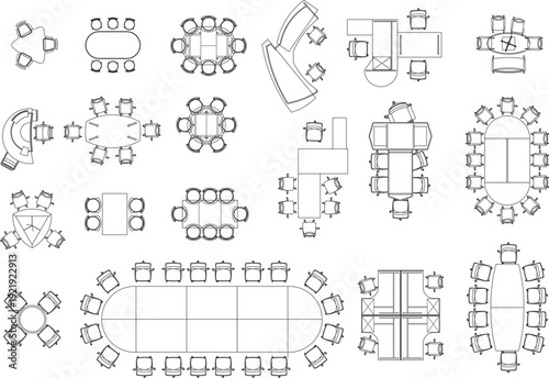 Large collection of meeting and conference table floor plans, featuring various seating arrangements for office planning.