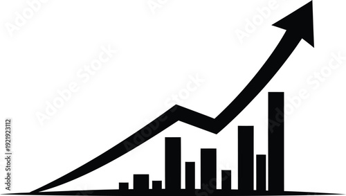 A black and white graph showing an upward trend with a large arrow