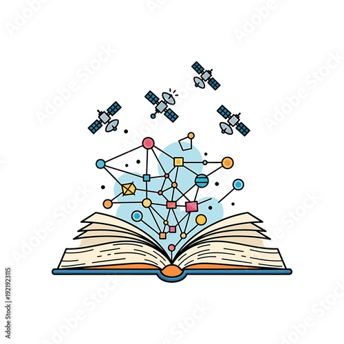 An open book with satellites and network connections emerging from its pages, symbolizing the fusion of technology and knowledge.