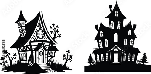 Two gothic houses with turrets and steeply pitched roofs