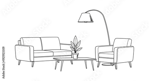 Hand drawn sketch of a modern living room furniture arrangement.