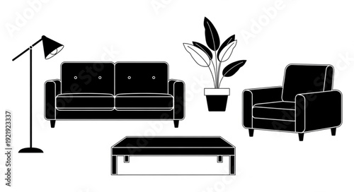 Modern Living Room Furniture Set Black Silhouette.