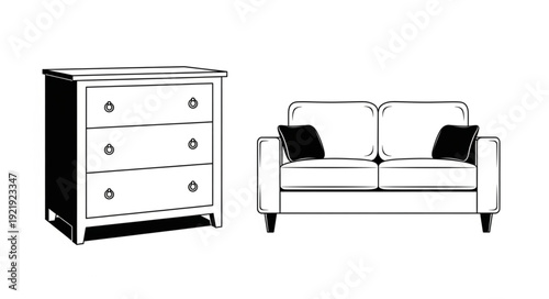 White Chest of Drawers and Sofa Illustration.