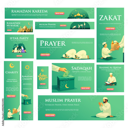 Ramadan Kareem Islamic Banner Collection with Prayer, Zakat, Sadaqah, Iftar Party and Quran Reading Illustration Set