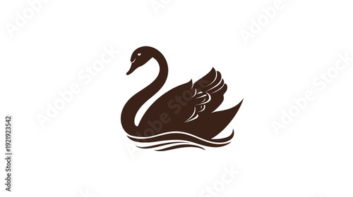 A dark brown silhouette of a swan on white. Waves at the bottom, head is curved and graceful