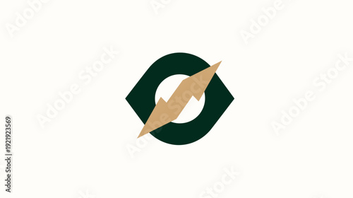 Graphic design featuring an eye-shaped dark green outline with beige lightning bolt and white circle
