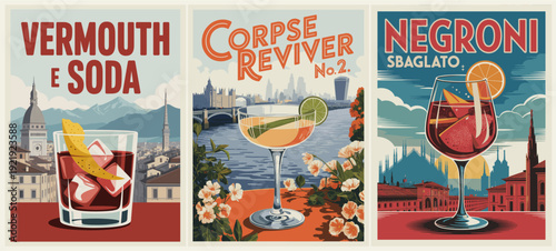 Triptych of vintage-style cocktail posters featuring Vermouth, Corpse Reviver No.2, and Negroni against stylized European cityscape backdrops.