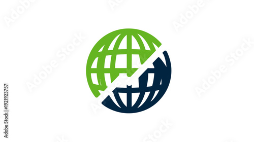 A globe divided into green and dark blue segments with a stylized broken line across it